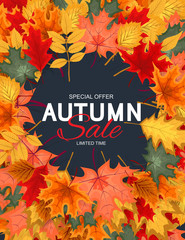 Abstract Vector Illustration Autumn Sale Background with Falling Autumn Leaves