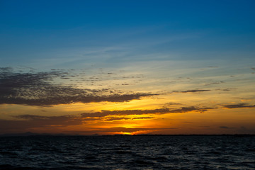 Sunset with silhouette mountain and the lake.