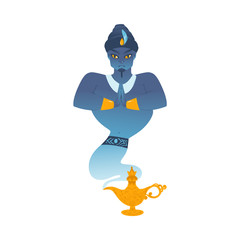 Genie of arab tales comes out of aladdin's lamp flat vector illustration isolated.