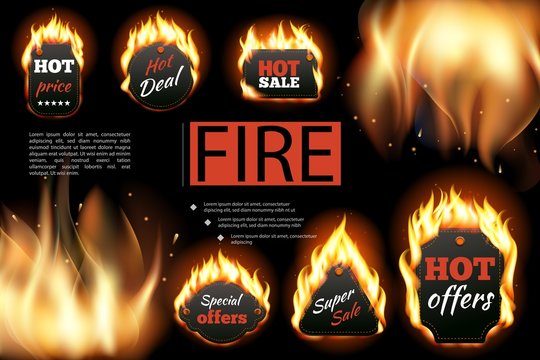 Realistic Hot Fire Labels Composition