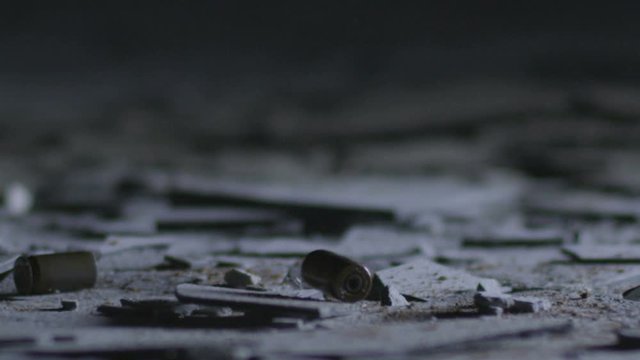 Shooting.The cartridge from the gun falls to the ground.Reload the gun. Slow motion