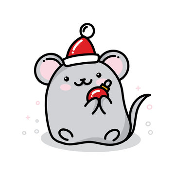 Vector kawaii new year mouse with red hat and christmas ball, cure mascot of 2020 new year by Chinese calendar for poster, banner, logo, icon, greeting card or invitation, isolated without background