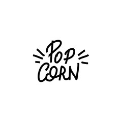 Popcorn text label with popping. Hand drawn typography sign. Black and white logo. Vector illustration. Graphic Design for print on pack, packaging, tee t-shirt, poster, banner, flyer card.