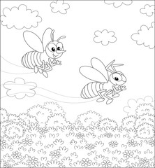 Funny striped bee and wasp flying over a field with wildflowers on a pretty summer day, black and white vector illustration in a cartoon style for a coloring book