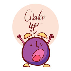 Fototapeta premium Wake up!! Lettering cartoon vector illustration with alarm clock on white background. Wake up lettering. Vector illustration.