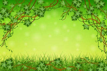 Green background with tropical vines and grass, exotic plants and leaves.