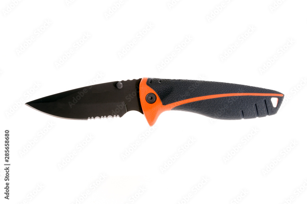 Poster knife with a black handle and orange isolated on a white background