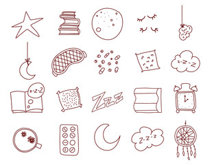 Sleep and insomnia outline items including moon, stars, sheep, pillow, tea or coffee, pills, dream catcher, mask, alarm clock, nightcap isolated on white background. Vector.