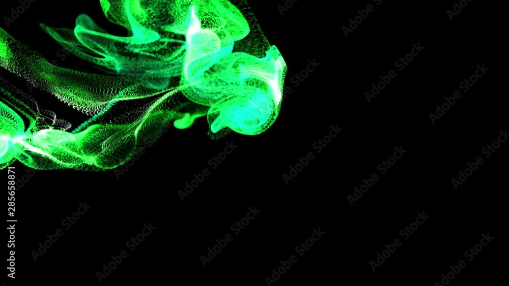Poster 3d ink effect of advection, luminous green particles float in liquid. glow particles move in a strea