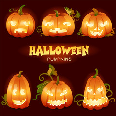 Halloween Pumpkins on a dark background glow. The emotions of pumpkins. Glow from the inside. Night background. Halloween banner