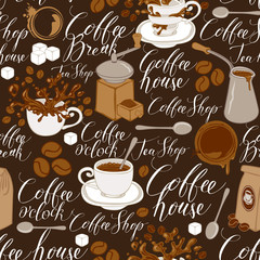 Vector seamless pattern on of tea and coffee theme in retro style. Repeatable background with coffee items, splashes and handwritten inscriptions. Suitable for wallpaper or wrapping paper