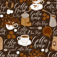 Tapeten Kaffee Vektor nahtlose Muster auf Tee- und Kaffeethema im Retro-Stil. Wiederholbarer Hintergrund mit Kaffeeartikeln, Spritzern und handschriftlichen Inschriften. Geeignet für Tapeten oder Geschenkpapier