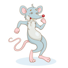 Obraz na płótnie Canvas Funny gray rat - symbol of the new year is dancing. In cartoon style. Isolated on white background.