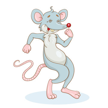 Funny gray rat - symbol of the new year is dancing. In cartoon style. Isolated on white background.