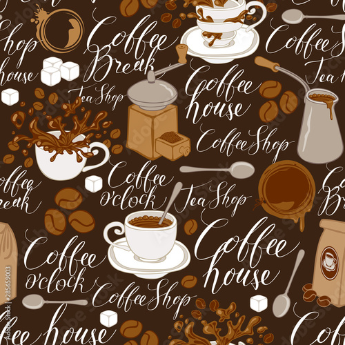 Vector Seamless Pattern On Of Tea And Coffee Theme In Retro Style Repeatable Background With Coffee Items Splashes And Handwritten Inscriptions Suitable For Wallpaper Or Wrapping Paper Wall Mural Paseven Vector Seamless Pattern On Of Tea And Coffee Theme In Retro Style Repeatable Background With Coffee Items Splashes And Handwritten Inscriptions Suitable For Wallpaper Or Wrapping Paper Wall Mural Paseven