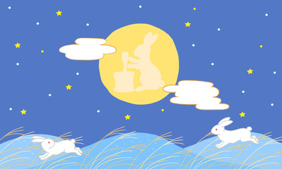 満月　うさぎとススキ