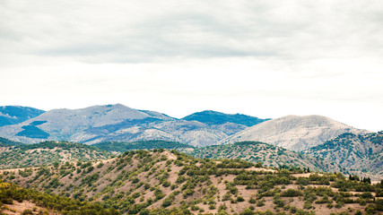Mountain valley landscape. Mountain rocks in mountain valley. Mountain valley view.
