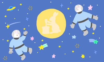 Obraz na płótnie Canvas 月と宇宙　ウサギの宇宙飛行士