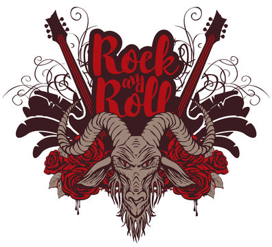 Vector music banner with goat head, electric guitar, wings, red roses, drips of blood and inscription Rock and roll. Creative illustration for t-shirt design in modern style