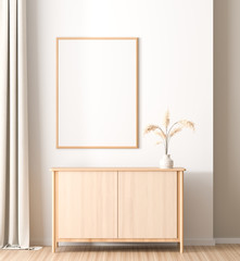 Mock up poster frame in Scandinavian style interior with wooden furnitures. Minimalist interior design. 3D illustration.