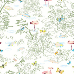 Etching style exotic jungle landscape pattern. Botanical leaf, line art etching style, in pastel green tones. Cottage lake, fish, butterfly. Packaging design, home decor, stationary.