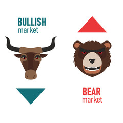 Bullish And Bearish Trends. Two graphic emblems of a bull's and a bear's heads with trending arrows.