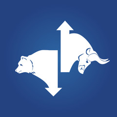 Bullish And Bearish Markets. Silhouette of a bull and a bear in front of trending arrows in between of them. Vector. 