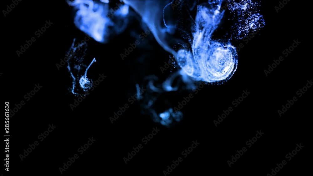 Poster 3d ink effect of advection, luminous blue particles float in liquid. glow particles move in a stream