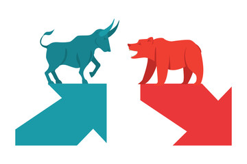 Bull and bear symbols with green and red arrows, stock market and business concept. The symbol stock market of the bull and bear. Vector.