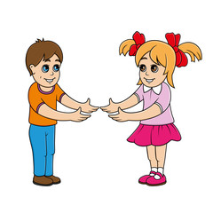 Boy and girl are happy to meet. Children hold hands. Friendship between boy and girl. Friends. Stock Vector Illustration