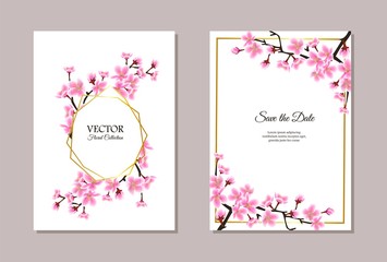 Sakura themed wedding invitation set - text template with cherry blossom flowers