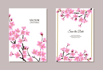 Save the Date wedding card template with cherry blossom vector illustration.