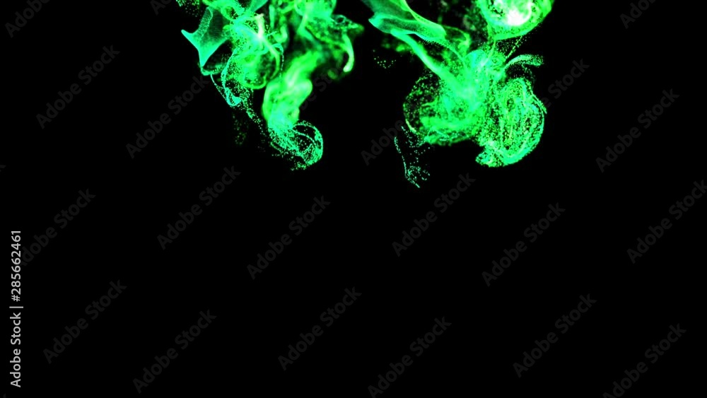 Poster 3d ink effect of advection, luminous green particles float in liquid. glow particles move in a strea