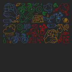 Vector logo, design and badge in trendy drawing style - zero waste concept, recycle and reuse, reduce - ecological lifestyle and sustainable developments icons, colorful on black background.