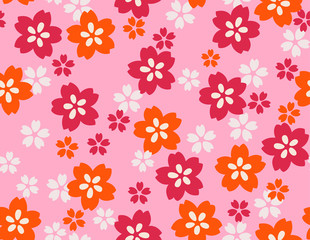 Japanese Pink and Orange Cherry Blossom Seamless Pattern