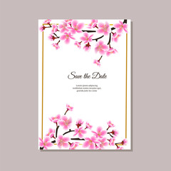 Save the date - sakura tree branch frame on top and bottom of wedding invitation template