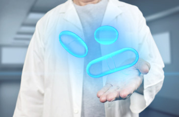Old medicine doctor holding x-ray hologram pills and medics on a blurred blue hospital background 3d rendering. Biotech, biology and science concept with modern virtual screen interface.