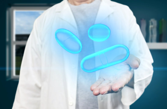 Old medicine doctor holding x-ray hologram pills and medics on a blurred blue bedroom background 3d rendering. Biotech, biology and science concept with modern virtual screen interface.