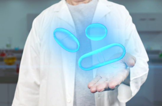Old medicine doctor holding x-ray hologram pills and medics on a blurred blue laboratory background 3d rendering. Biotech, biology and science concept with modern virtual screen interface.
