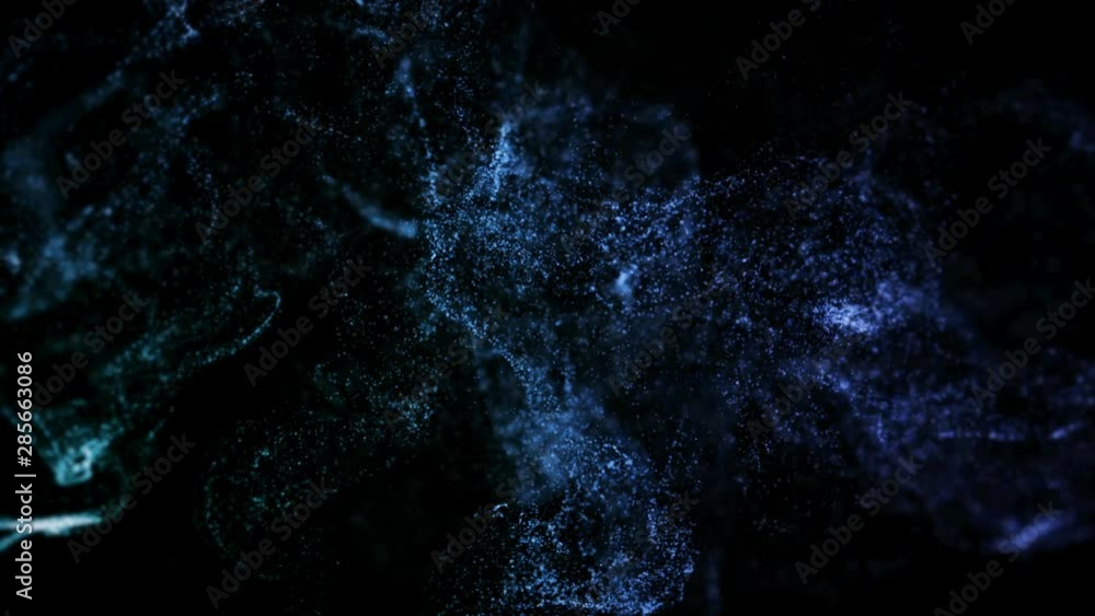 Poster 3d ink effect of advection, luminous particles float in liquid. glow particles move in a stream of l