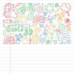 Cleaning services company vector pattern, drawing in exercise book.