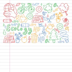 Fototapeten Cleaning services company vector pattern, drawing in exercise book. © Cepheia