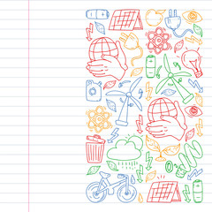 Fototapeta premium Cleaning services company vector pattern, drawing in exercise book.