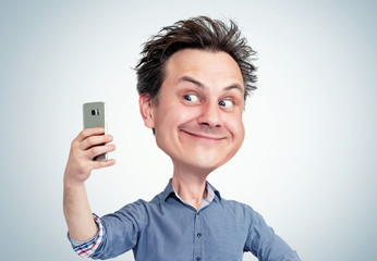 Comical cartoon of a funny smiling man in shirt who takes selfie on smartphone