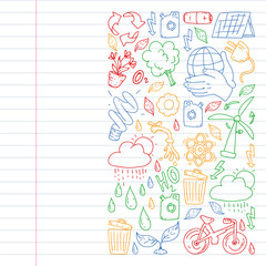 Cleaning services company vector pattern, drawing in exercise book.