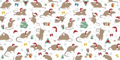 Mice christmas seamless pattern. Mouse poses and exercises. Cute cartoon new year clipart set