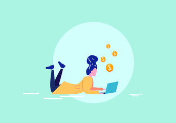 Young woman work from her home like a freelancer.  Simple and flat vector illustration.