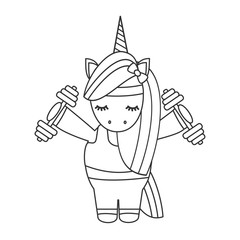 cute lovely cartoon black and white fitness unicorn funny vector illustration for coloring art