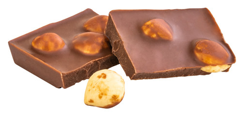 chocolate pieces with nuts isolated on white background