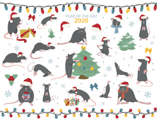 Different rats christmas collection. Rat poses and exercises. Cute cartoon new year clipart set
